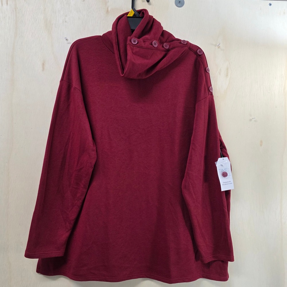 Time and Tru Women's Burgundy Cowl Neck Button Tunic Sweatshirt Long Sleeve XL